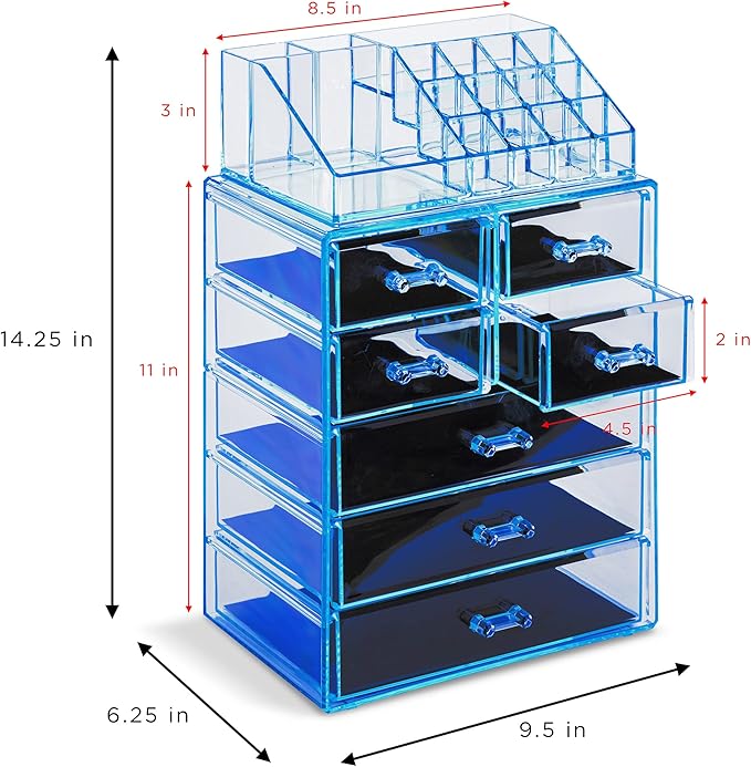 Sorbus Clear Cosmetic Makeup Organizer - Make Up & Jewelry Storage, Case & Display - Spacious Design - Great for Dresser, Bathroom, Vanity & Countertop (3 Large, 4 Small Drawers) [Blue Brilliance]