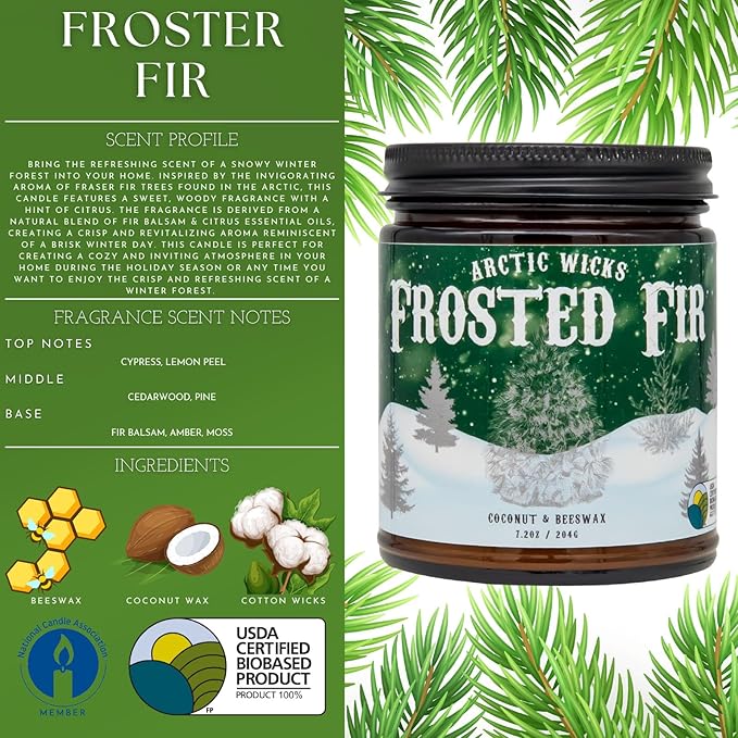 Arctic Wicks Scented Coconut Beeswax Candles | Coconut Beeswax Non Toxic Candle 9oz Amber | Farmhouse Candles Non-Toxic Clean Burn 100% USDA Certified Biobased (Frosted Fir - Fraiser Fir Tree)