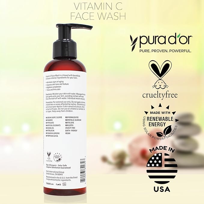 PURA D'OR Vitamin C Face Wash (8oz x2 = 16oz) Antioxidant Rich Facial Cleanser For Radiant Glow & Even Skin Tone - Gentle, Refreshing, Nurturing, Hydrating, Sulfate & Paraben Free Formula