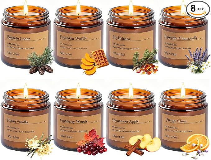 Holiday Candle Gift Set – 8 Pack Vintage Amber Glass Jar Candles,Winter Scents for Home,Christmas Gift for Women, Aromatherapy Soy Wax Candles,Cozy Home Décor,Premium Box