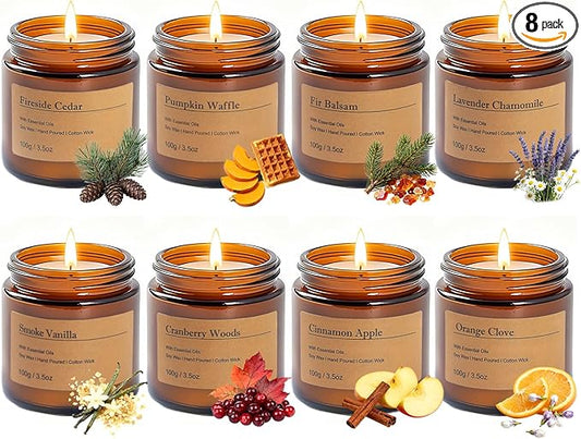 Holiday Candle Gift Set – 8 Pack Vintage Amber Glass Jar Candles,Winter Scents for Home,Christmas Gift for Women, Aromatherapy Soy Wax Candles,Cozy Home Décor,Premium Box