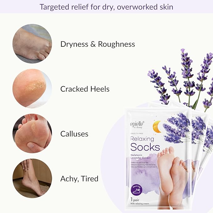 Epielle Relaxing Foot Masks 6 Pairs, Deep Moisturizing Socks for Dry Feet & Cracked Heels, Relieve and Soften with Melatonin & Lavender Extract, Korean Skin Care, Foot Spa, Self Care Gifts for Women