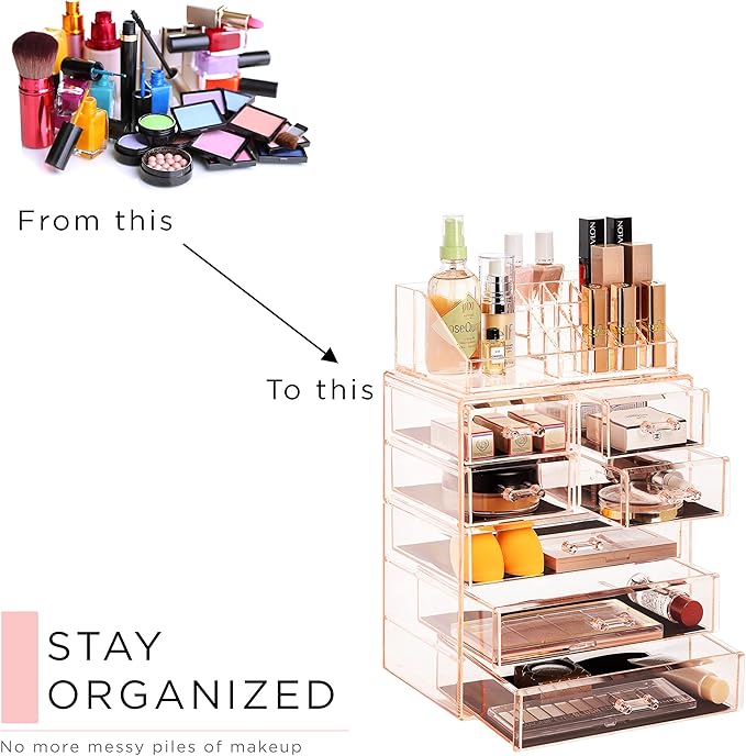 Sorbus Clear Cosmetic Makeup Organizer - Make Up & Jewelry Storage, Case & Display - Spacious Design - Great Holder for Dresser, Bathroom, Vanity & Countertop (3 Large, 4 Small Drawers) [Pink]