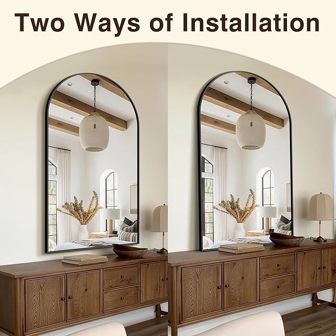 FICTOR Bathroom Vanity Mirror for Wall,55”x30” Large Arched Bathroom Mirror, Metal Framed with HD Shatter-Proof Glass for Entryway, Living Room,Bedroom, Wall Mounted or Leaned Against(Black)