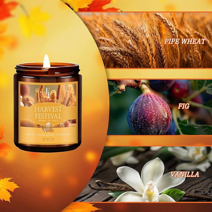 Fall Candle, Harvest Festival Scented Candles for Home, Natural Soy Autumn Candle Aromatherapy Candle, 7 oz Jar Candles Fall Gifts for Women Men