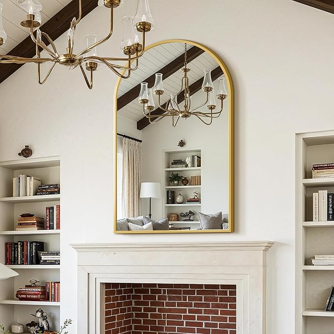 FICTOR Bathroom Vanity Mirror for Wall,50”x30” Large Arched Bathroom Mirror, Metal Framed with HD Shatter-Proof Glass for Entryway, Living Room,Bedroom, Wall Mounted or Leaned Against(Gold)