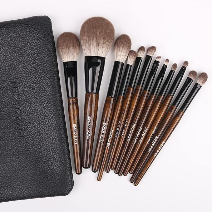 Natural Goat Hair Makeup Brush Set with Case, Natural Makeup Brushes, Natural Bristle Makeup Brushes, Natural Hair Makeup Brushes Set Professional, Walnut Cosmetic Brushes Makeup Set - MONI