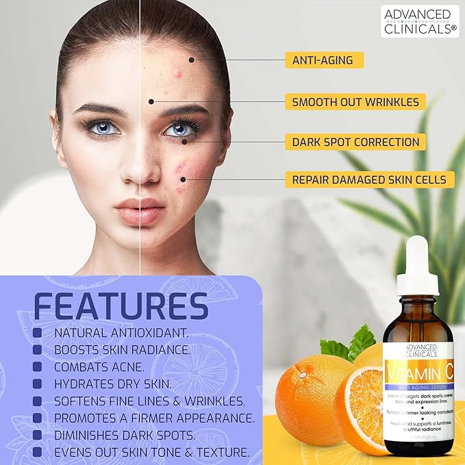 Advanced Clinicals Brightening Vitamin C Serum For Face With Glycolic Acid + Lactic Acid | Vitamin C Eye Serum Face Moisturizer For Improving Look Of Dark Spots & Uneven Complexion, 1.75 Fl Oz