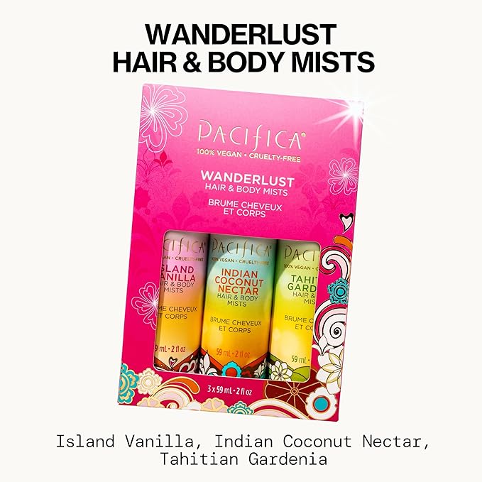 Pacifica Beauty Mini Fragrance Sampler, 3 Island Vanilla Scents - Hair Perfume & Body Spray Gift Set, Vegan & Cruelty Free