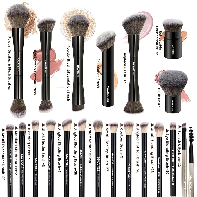 MAANGE 20 Pcs Makeup Brushes with Gift Box, Double-End Multi-functional Makeup Brushes for Blending Liquid Powder Concealer Cream Blush Buffe,Black