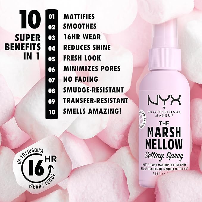 NYX PROFESSIONAL MAKEUP Marshmellow Makeup Setting Spray, Matte Setting Spray Mist for 16HR Make Up Wear - Long-Lasting, Vegan Formula