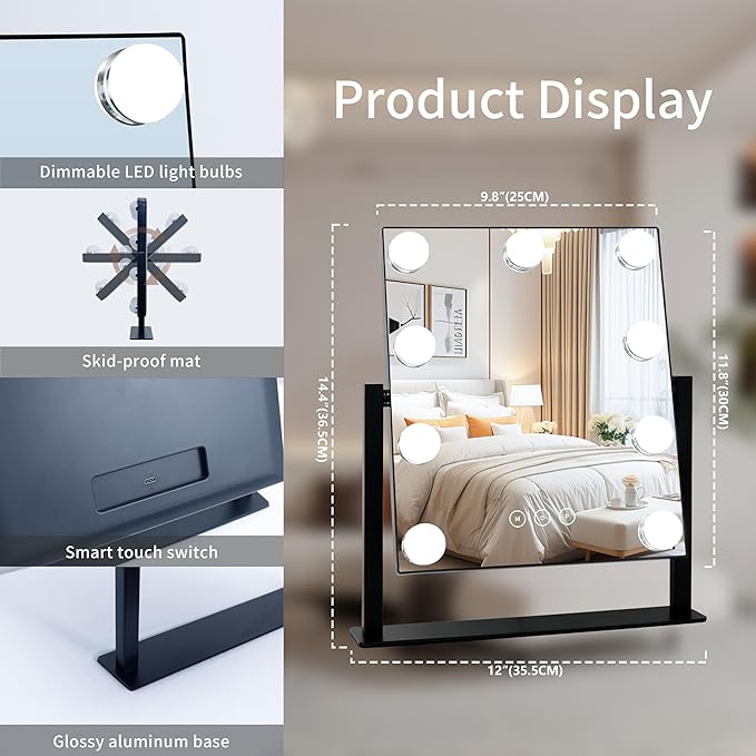 Vanity Mirror with Lights,Lighted Vanity Mirror with 9 Dimmable Bulbs for Dressing Room & Bedroom,3 Color Lighting,Modes Detachable 10x Magnification 360°Ratation (Black) 12" L x 14.4" W