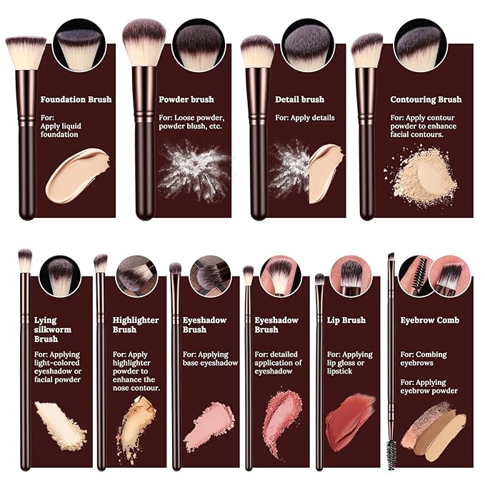 Makeup Brush Sets 10 Pcs Make Up Brushes for Women Wooden Handle Soft Synthetic Bristles Professional Complete Makeup Brushes for Face Foundation Concealer Blush Eyeshadow Brown for Women Girls