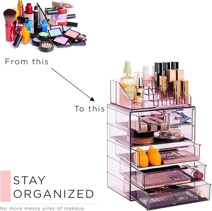 Sorbus Clear Cosmetic Makeup Organizer - Make Up & Jewelry Storage, Case & Display - Spacious Design - Great Holder for Dresser, Bathroom, Vanity & Countertop (4 Large, 2 Small Drawers) [Purple]