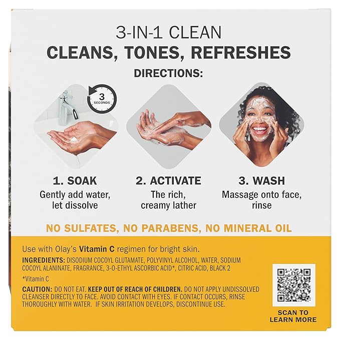 Olay Face Wash, Vitamin C Cleansing Melts, Daily Use Gentle Cleanser, For All Skin Types, Travel Size, Soft Citrus Scent, Water-Activated to Clean, Tone, and Refresh, 64ct (2 Pack x 32ct)