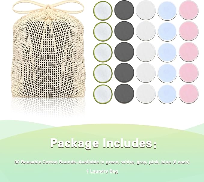 Chloven Reusable Cotton Rounds - 30 Pack Washable Bamboo Makeup Remover Pads for Gentle Cleansing Reusable Face Pads for Skincare & Nail Polish Removal with Mesh Storage Bag