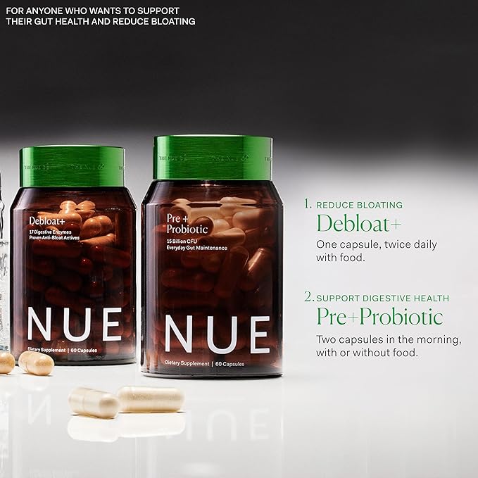 The Nue Co. DEBLOAT+ Supplement, Bloating, Soothes Gas and Abdominal Pain, Immunity Support, Improves Gut Health, Vegan, Gluten Free, 60 Capsules