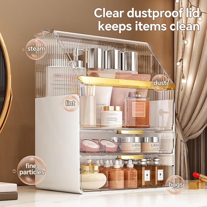 Makeup Organizer Countertop with Lid, Skincare Organizers for Vanity, 3 Tiers Clear Makeup Storage Cosmetic Display Cases Holder for Bedroom Bathroom Dresser Desk Countertop