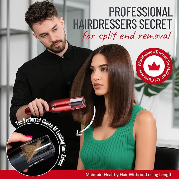 PRO - Original Professional Beauty Tool - Cordless Split End Hair Trimmer for Damaged, Dry, Brittle, Frizzy, Curly or Straight Hair (Red, Professional Kit)