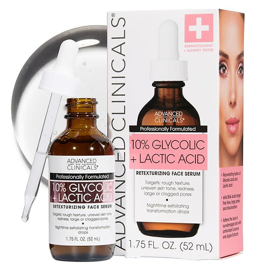 Advanced Clinicals Exfoliating 10% Glycolic Acid Serum For Face + Lactic Acid | Facial Exfoliant AHA + Salicylic Acid Serum To Improve Look Of Large Pores, Uneven Skin Tone, & Dark Spots, 1.75 FL Oz