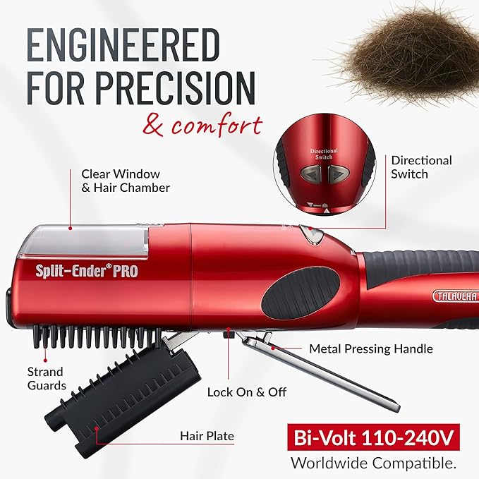 PRO - Original Professional Beauty Tool - Cordless Split End Hair Trimmer for Damaged, Dry, Brittle, Frizzy, Curly or Straight Hair (Red, Professional Kit)