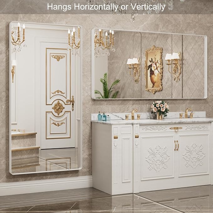 LOAAO 72x40 Inch White Metal Framed Bathroom Mirror for Wall, White Bathroom Vanity Mirror Farmhouse, Large Rounded Rectangle Mirror, Anti-Rust, Tempered Glass, Hangs Horizontally or Vertically