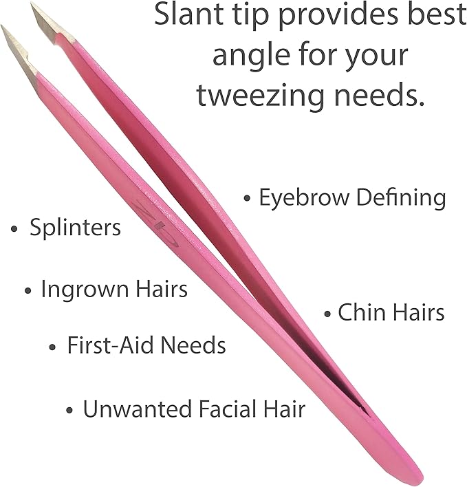 Tweezers – Surgical Grade Stainless Steel - Slant Tip for Expert Eyebrow Shaping and Facial Hair Removal – with Protective Pouch (Bubblegum Pink)