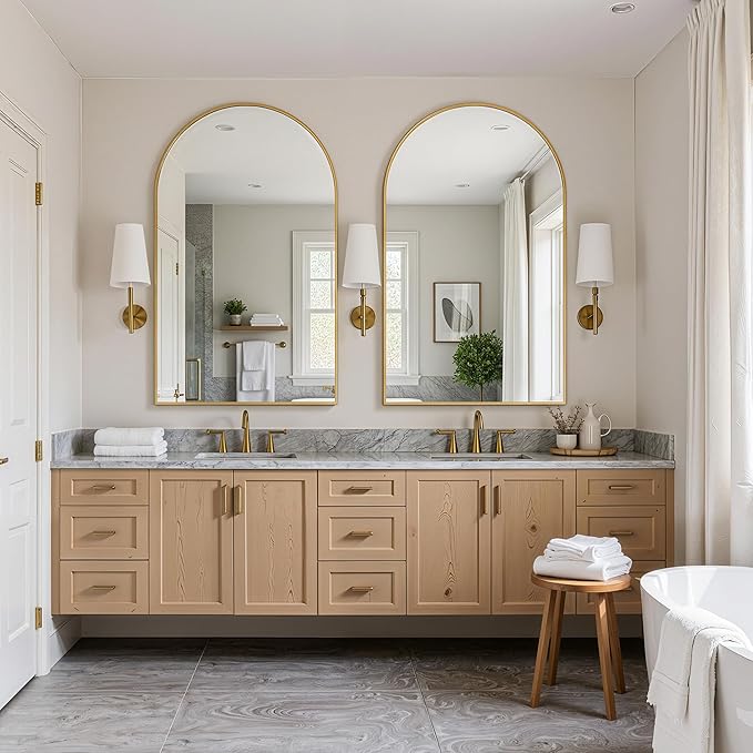 FICTOR Bathroom Vanity Mirror for Wall,50”x30” Large Arched Bathroom Mirror, Metal Framed with HD Shatter-Proof Glass for Entryway, Living Room,Bedroom, Wall Mounted or Leaned Against(Gold)