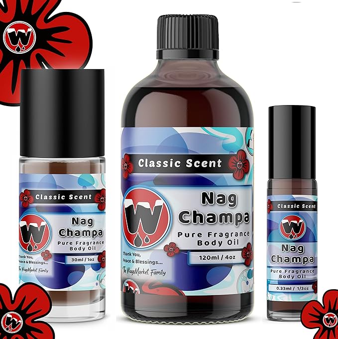 WagsMarket - Nag Champa Perfume Oil, from 0.33oz Roll On to 4oz Glass Bottle (4oz Glass Bottle)