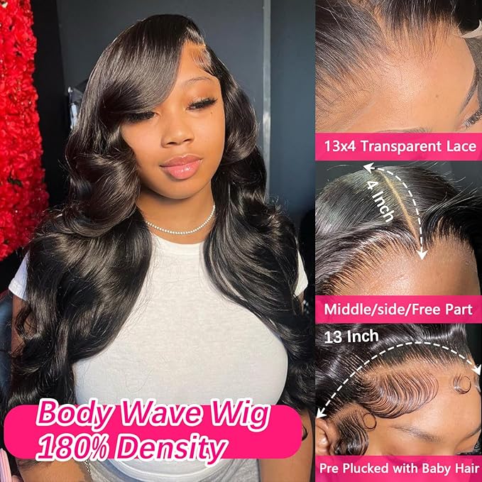Human Hair Wig Body Wavy - 13x4 HD Lace Front Wig Brazilian Body Wave 30Inch Human Hair Wigs Glueless Pre Plucked 200% Density Virgin Hair Natural Black (1B) For Women