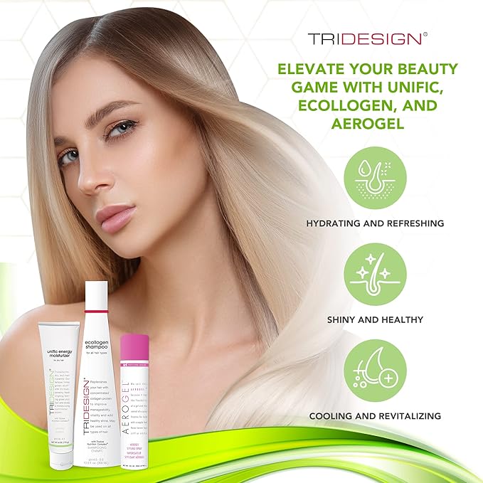 TRI Design Shampoo, Conditioner and Hair Finishing Spray Set - Includes Aerogel Spray Gel 10.5 oz., Ecollogen Collagen Shampoo 10.5 oz. and Unific Energy Moisturizer 6 oz., for All Hair Types
