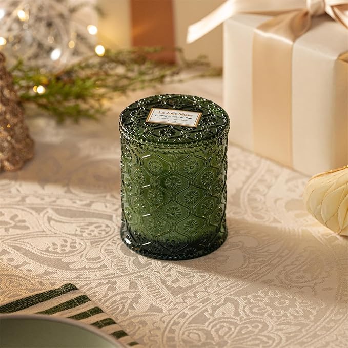 LA JOLIE MUSE Christmas Candles, Pine & Pomegranate Candle -Lemon, Pomegranate & Pine | 6 oz Natural Soy Wax | 40 Hours Clean Burn | Gift-Ready for Hosts, Gatherings | Elegant Home Décor