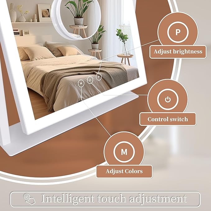 Lighted Makeup Mirror, Hollywood Vanity Mirror with Lights, Three Color Lighting Modes, and 5X Magnification Mirror, Smart Touch Control, 360°Rotation