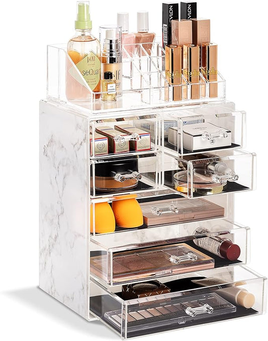 Sorbus Clear Cosmetic Makeup Organizer - Make Up & Jewelry Storage, Case & Display - Spacious Design - Great Holder for Dresser, Bathroom, Vanity & Countertop (3 Large, 4 Small Drawers) [Marble Print]