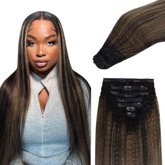 IDN BEAUTY Clip In Hair Extensions Real Human Hair, 24 Inch 120g 7pcs, 1B/6/1B Balayage Natural Black to Chestnut Brown Kinky Straight Clip Ins Remy Hair Clip Ins Real Human Hair Black Women