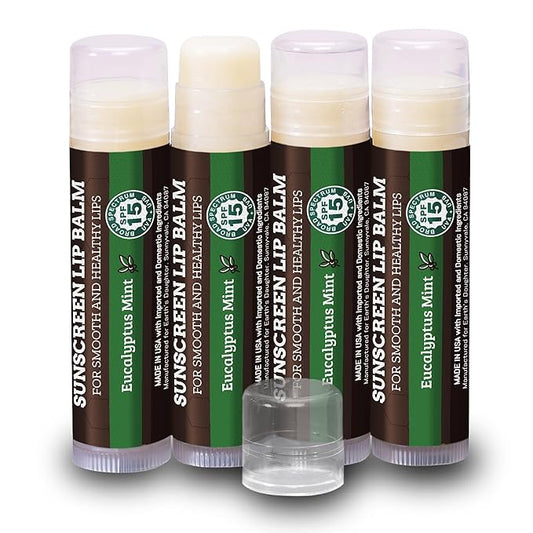Earth's Daughter SPF Lip Balm Eucalyptus Mint Stocking Stuffers 4-Pack - Lip Sunscreen, SPF 15, Organic Ingredients, Beeswax, Coconut Oil, Vitamin E - Hypoallergenic, Gluten Free