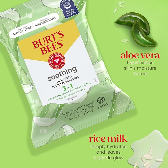 Burt's Bees Stocking Stuffers, Aloe Vera Face Wipes, for Sensitive Skin, Soothing Makeup Remover & Facial Cleansing Towelettes Christmas Gifts, 30 Ct. (3-Pack)
