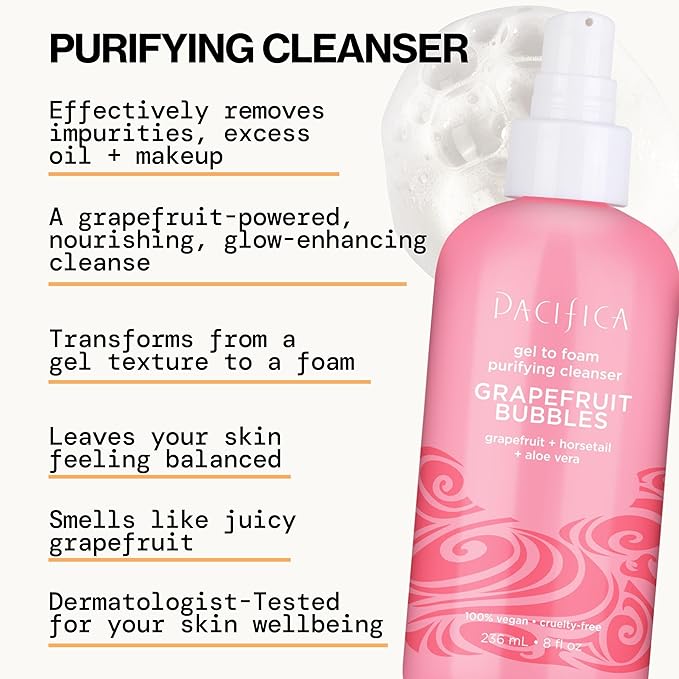 Pacifica Grapefruit Bubbles Gel-to-Foam Cleanser - Gentle Face Wash for Oily & Combination Skin, Helps Remove Excess Oil & Impurities, Helps Brighten, Vegan & Cruelty-Free Formula Dermatologist Tested