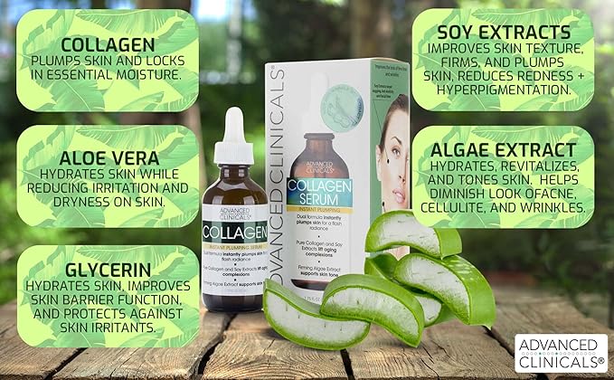 Advanced Clinicals Collagen Serum For Face | Visible Anti Aging Collagen Peptide Serum + Hyaluronic Acid Moisturizer Improves Look Of Wrinkles, Dry Skin, & Fine Lines, No added Fragrance, 2-Pack