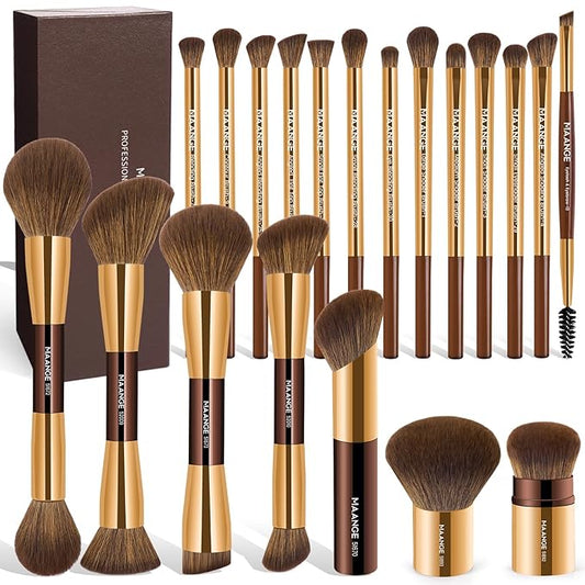 MAANGE 20 Pcs Makeup Brushes with Gift Box, Double-End Multi-functional Makeup Brushes for Blending Liquid Powder Concealer Cream Blush Buffe,Coffee Gold