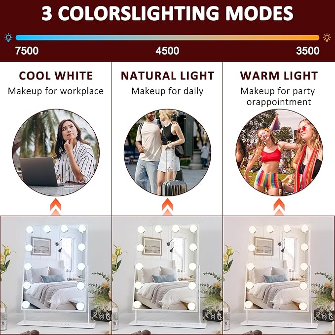 VANITII Lighted Vanity Hollywood Mirror with 12 Dimmable Bulbs Smart Touch Control 3 Colors Light for Tabletop, Detachable 10X Magnification