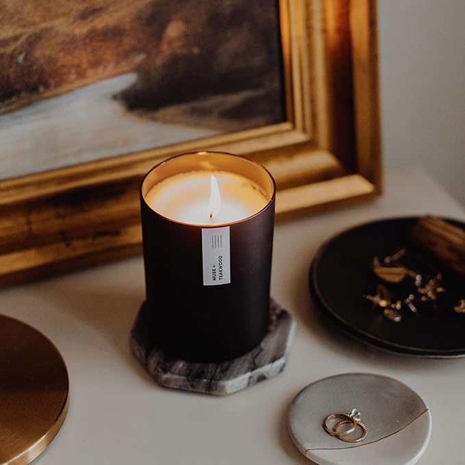 Calyan Wax Co. Musk & Teakwood Scented Candle - 75 Hour Burn - Luxury Non Toxic Soy Wax Candles - Long Lasting Black Tumbler Jar Candle for Home - 10.2oz