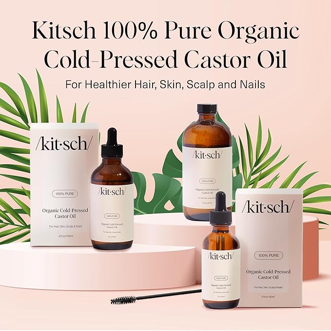 Kitsch Organic Castor Oil for Hair Growth - 100% Pure Castor Oil, Organic Cold Pressed Unrefined Glass Bottle for Face, Skin, Lashes, Brows, Scalp, Nails & Belly Button - Hexane Free, USDA - 2 oz