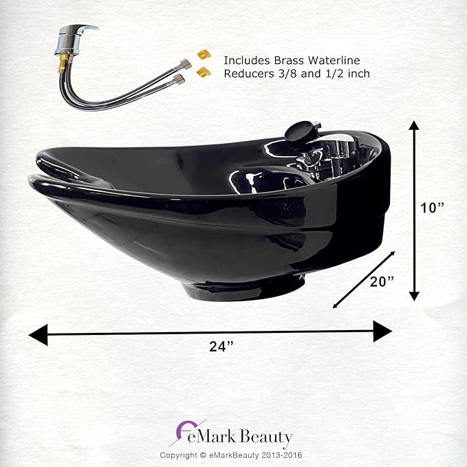 Fully Tilting and Wall-Mounted Ceramic Shampoo Bowl, Black Salon Sink, Beauty Salon Equipment for Hair Stylists - TLC-B07-WT - eMark Beauty