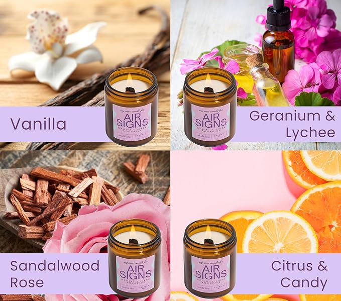 Aquarius, Gemini, Libra Gifts for Women - Wood Wick Candles, 4 Pack Small Candles Set for Women. 6oz Natural Soy Wax, Scented Aromatherapy Set for Home. Zodiac Astrology Birthday Spiritual Gifts