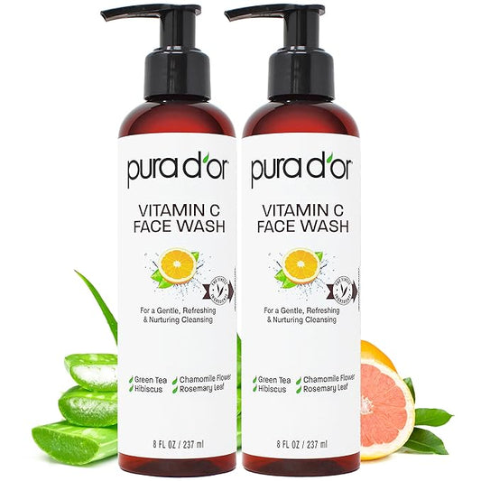 PURA D'OR Vitamin C Face Wash (8oz x2 = 16oz) Antioxidant Rich Facial Cleanser For Radiant Glow & Even Skin Tone - Gentle, Refreshing, Nurturing, Hydrating, Sulfate & Paraben Free Formula