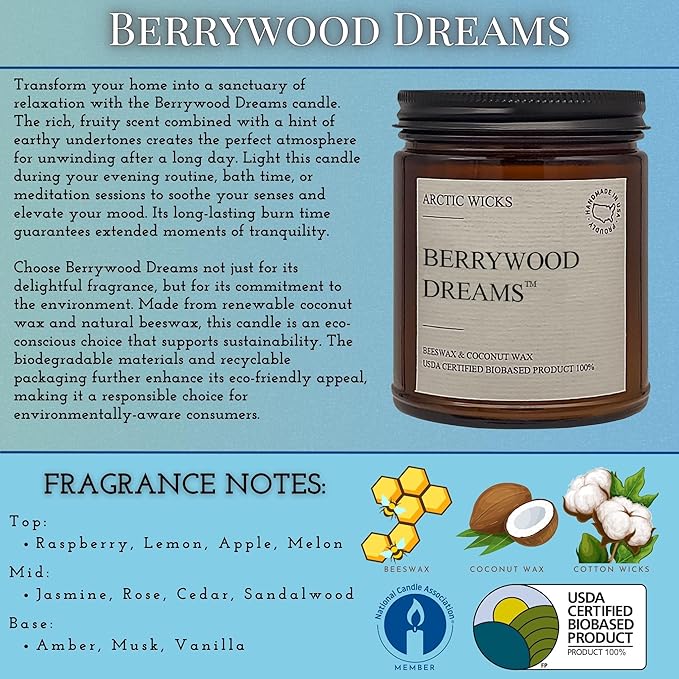 Arctic Wicks Scented Coconut Beeswax Candles | Coconut Beeswax Non Toxic Candle 9oz Amber | Farmhouse Candles Non-Toxic Clean Burn 100% USDA Certified Biobased (Berrywood Dreams)
