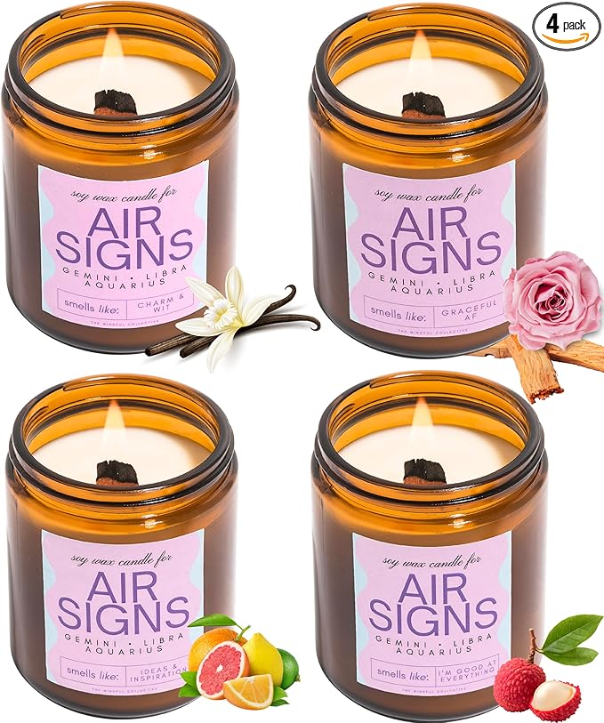 Aquarius, Gemini, Libra Gifts for Women - Wood Wick Candles, 4 Pack Small Candles Set for Women. 6oz Natural Soy Wax, Scented Aromatherapy Set for Home. Zodiac Astrology Birthday Spiritual Gifts