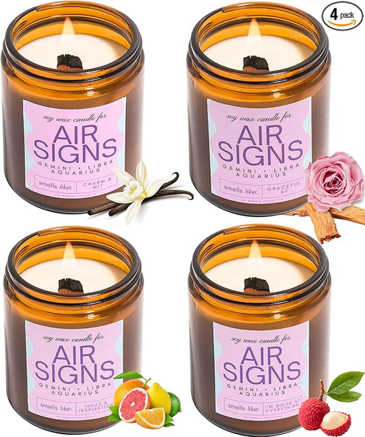 Aquarius, Gemini, Libra Gifts for Women - Wood Wick Candles, 4 Pack Small Candles Set for Women. 6oz Natural Soy Wax, Scented Aromatherapy Set for Home. Zodiac Astrology Birthday Spiritual Gifts