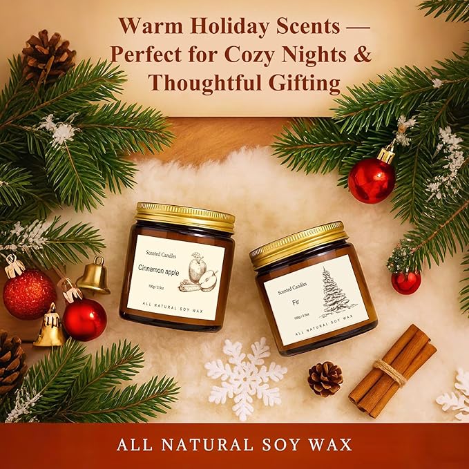 Long Lasting Soy Candles for Home, 6 Pack Holiday Scented Candle Gift Set with Cinnamon Apple, Pumpkin Chai & Vanilla, Natural Aromatherapy Candles, Christmas Gifts for Women